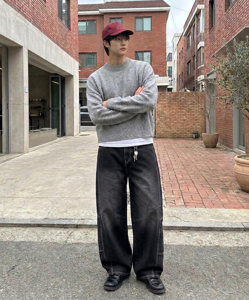 AGOD Curved Wash Cut-Out Wide Denim Pants [Dust Black]