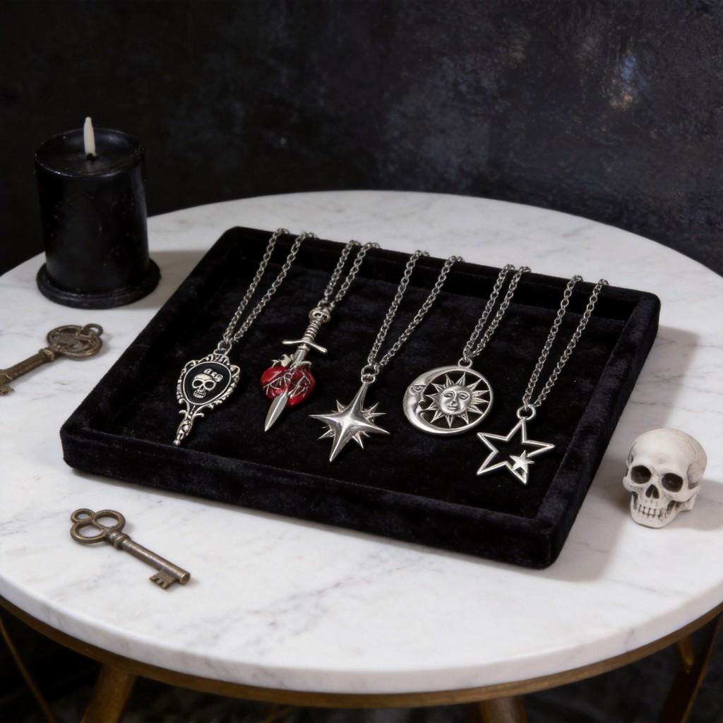Gothic Punk Star Heart Moon Sun Skull Pendant Necklace For Women