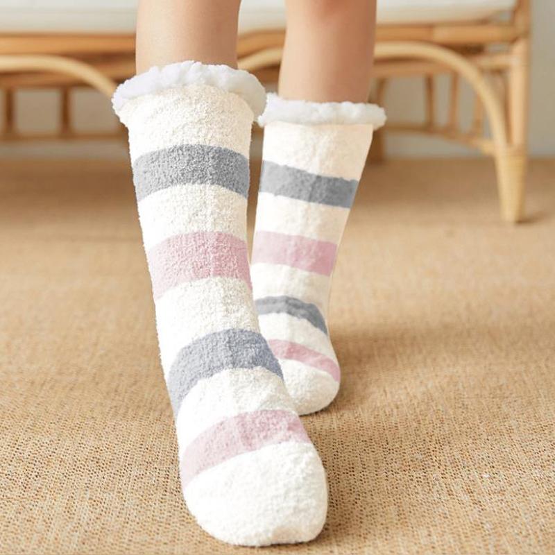 Winter Cotton Socks Plus Thicken Comfortable Stripes Women Socks Mid-calf Sleep Warm Stocking Xmas Gift Home Floor Carpet Socks