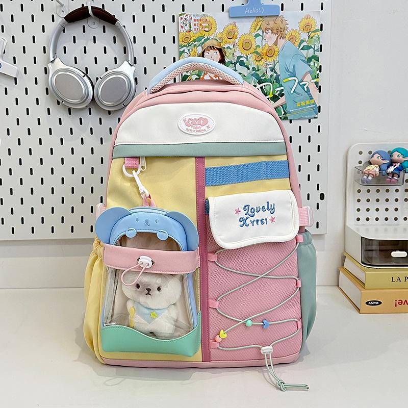 Schoolbag Macaron Contrast Color Backpack Female Junior High School College Student Large Capacity Multi-compartment School Bag Transparent Window