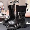 Leather Martin Boots Women's Thick-soled Heightened and Thin Small Chelsea Short Boots Cigarette Boots Medium Boots Locomotive Boots