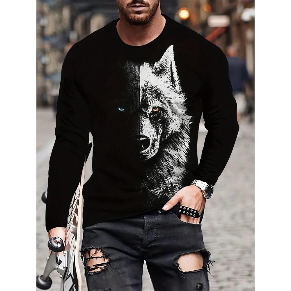 Rudens vīriešu apkakles T-krekls ar garām piedurknēm 3D Wolf Print T-krekls ar garām piedurknēm Outdoor Street Men Modes T-krekls ar garām piedurknēm