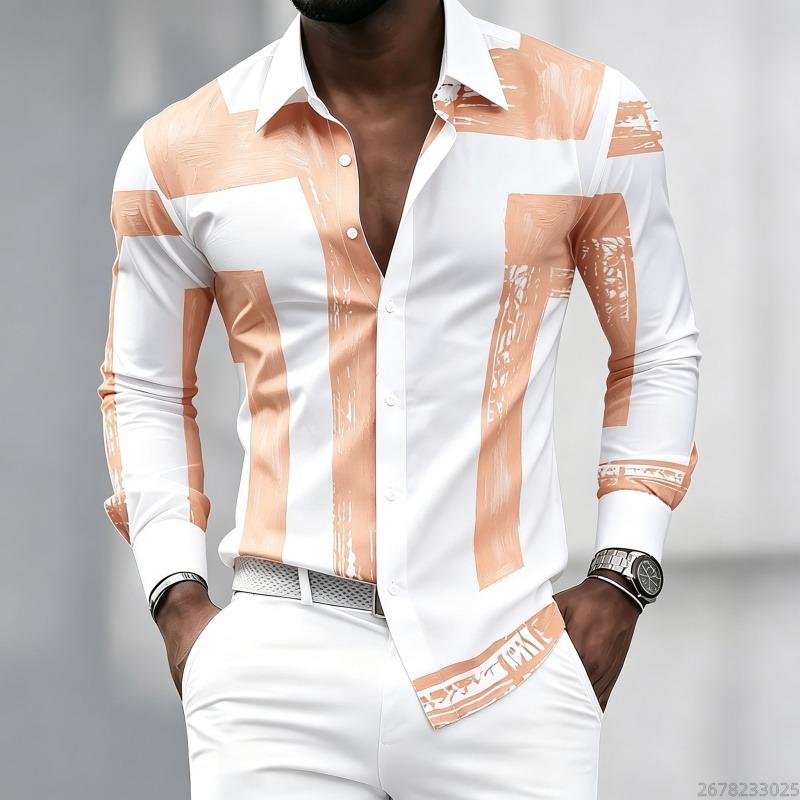 Men's black and white geometric coarse stripe printed long sleeved lapel shirt, retro slim fit shirt, trendy casual men's top