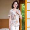 Women's Round Neck Short Sleeve Blouse Loose Fit Chinese Style Floral Printed Tunic