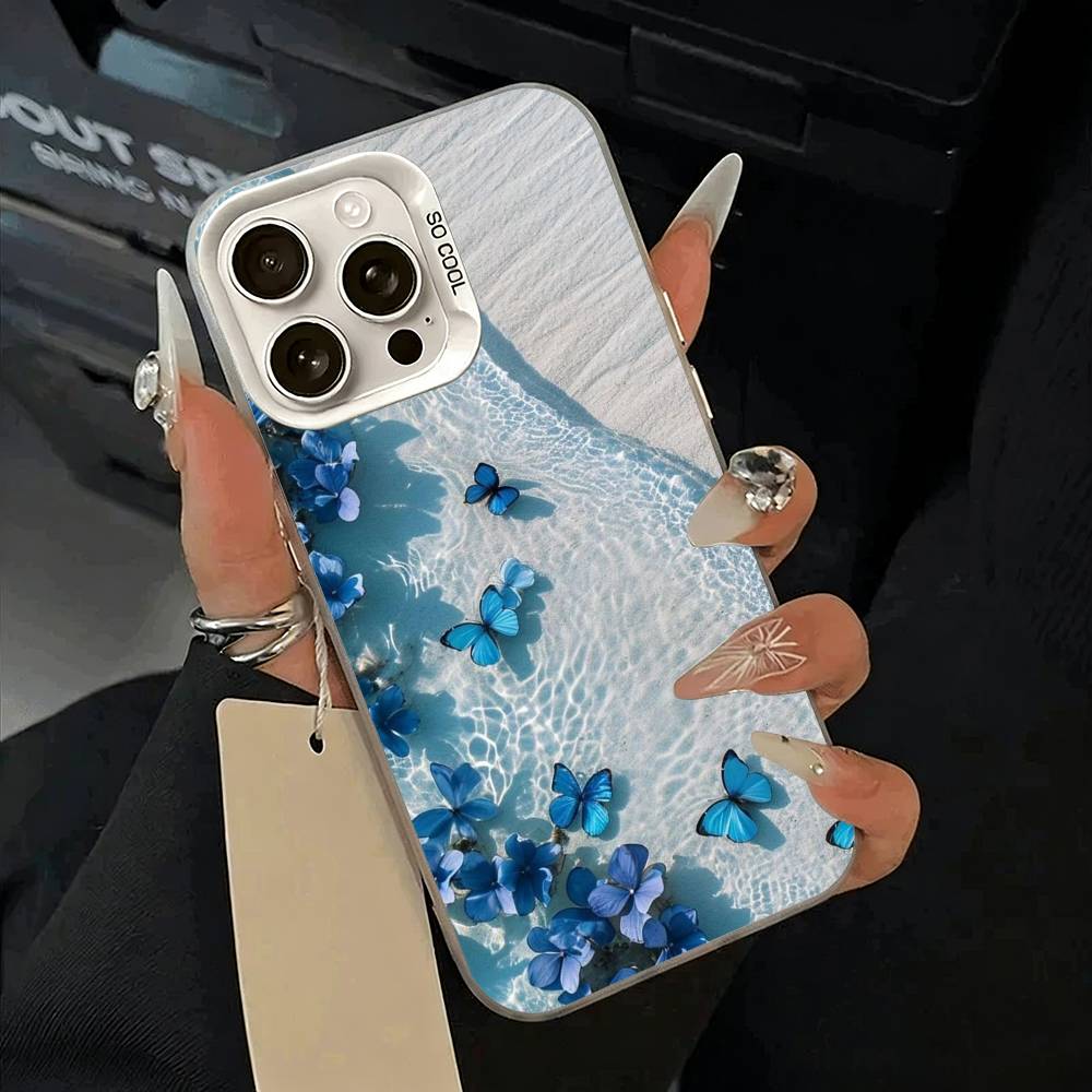 Blue Butterfly Ocean Wave  Phone Case For iPhone 17,16,15,14,13,12,11 Plus,Pro Max,XS,white Silver Phone Case