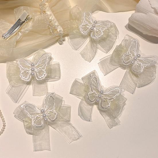 Hairpin Soft Mesh Butterflies Embroidery Bowknot Decor Girl Hair Pin with Imitation Pearls Gentle Hairstyles Side