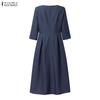 ZANZEA Women Elegant Casual Round Neck Solid Color 3/4 Sleeve Midi Dress