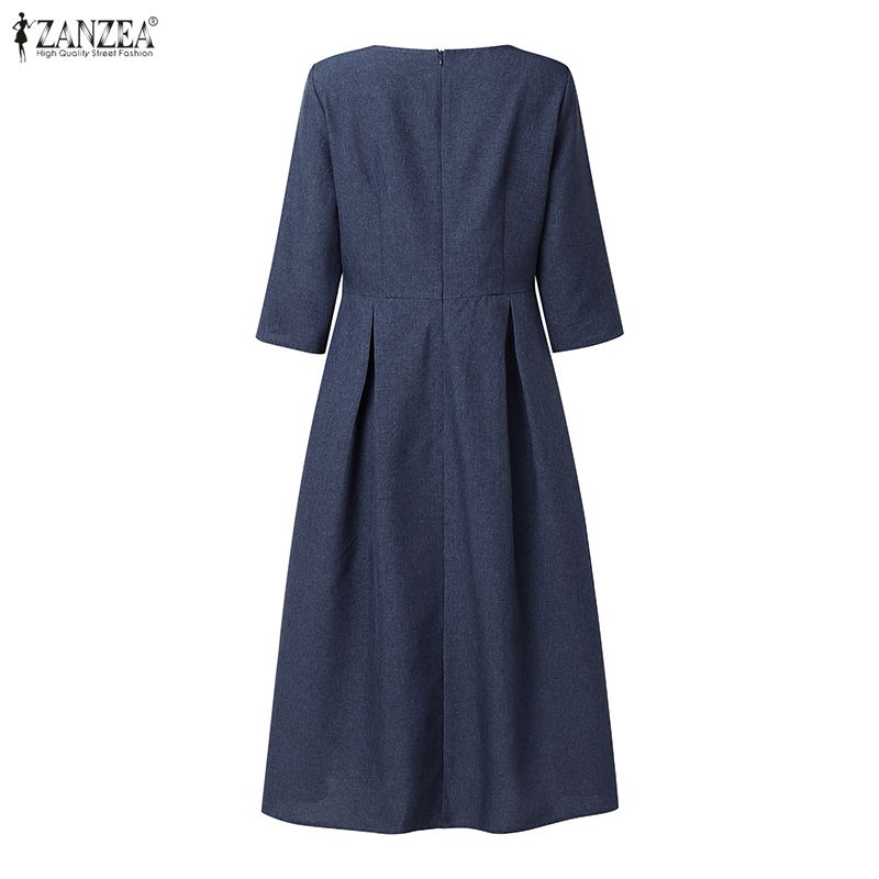 ZANZEA Women Elegant Casual Round Neck Solid Color 3/4 Sleeve Midi Dress