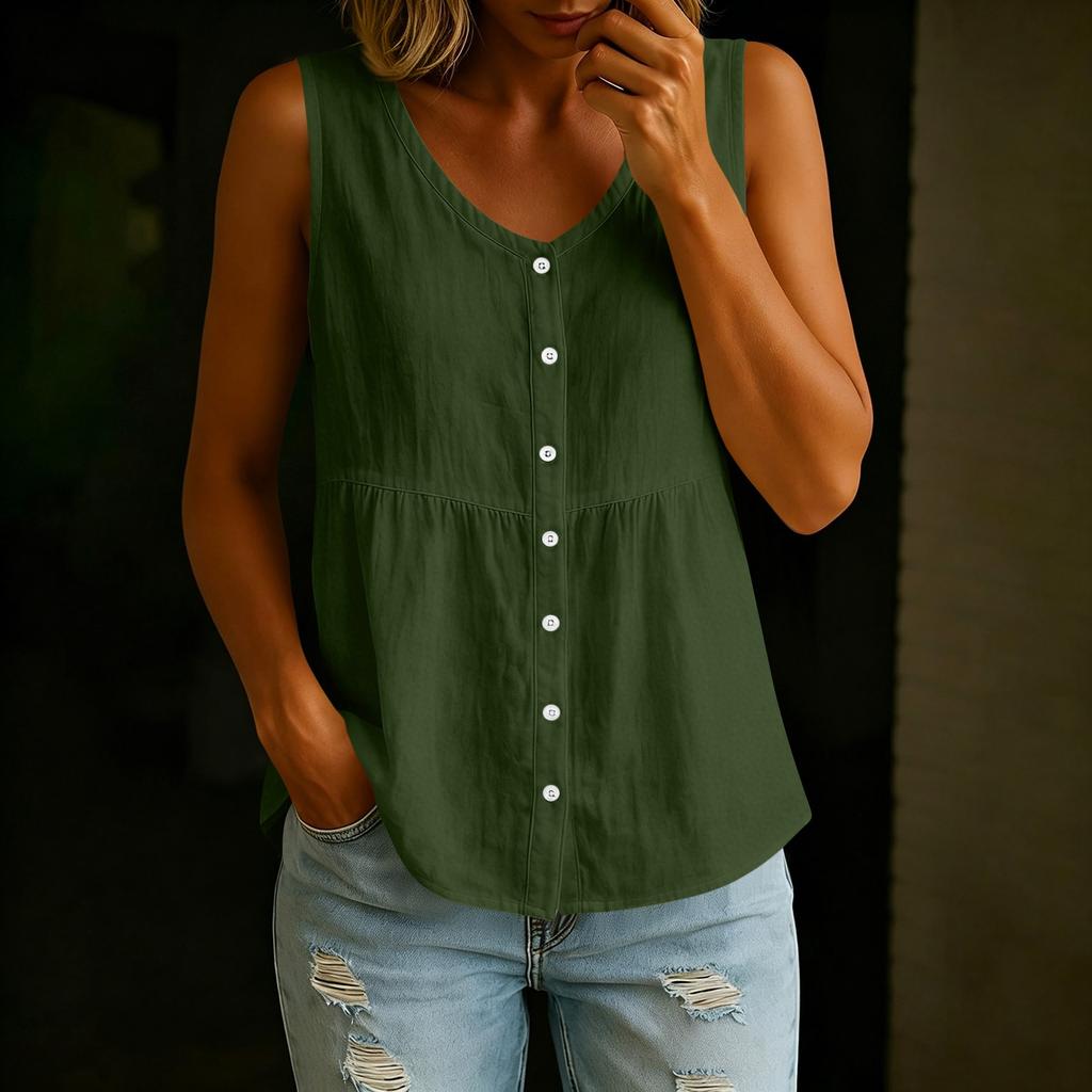 Women’s V Neck Button Front Sleeveless Loose Fit Casual Summer Blouse Top Relaxed Style Lightweight Comfortable Shirt