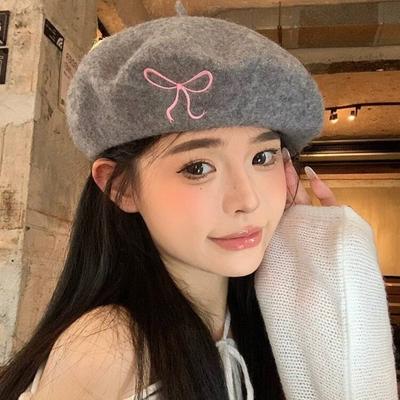 Wool Blend Literary Painter Hat Bowknot Embroidery Women Beanies Cap Fashion Women Beret