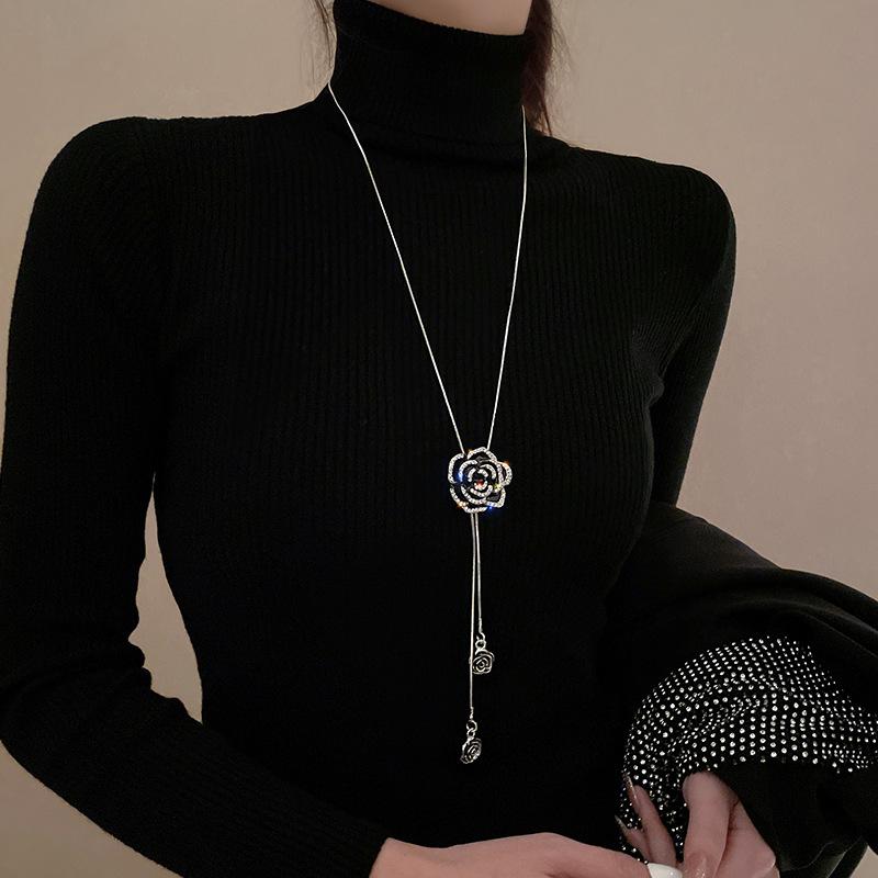 Black Camellia Long Tassel Choker Brooch Shiny Zircon Adjustable Necklace Brooches Pins Fringe Sweater Chain Suit Accessory Fashion Jewelry