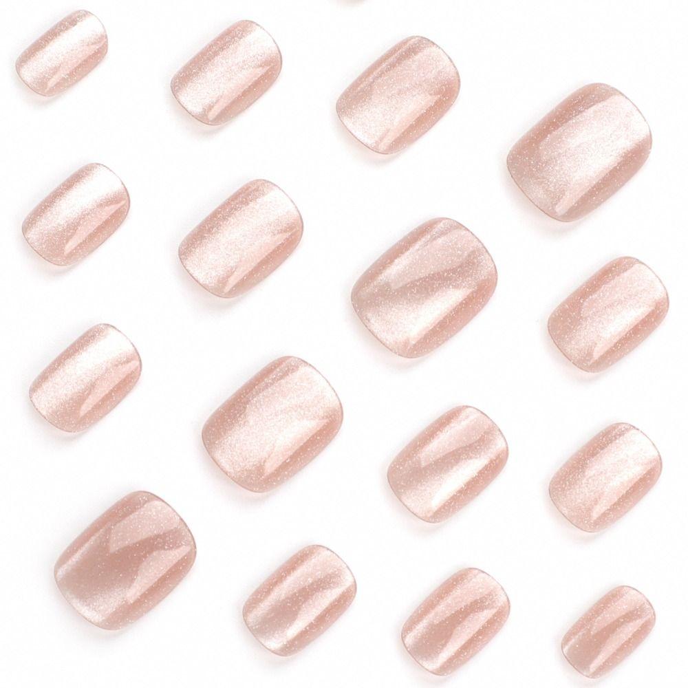 Fashion Short Round False Nails Pink Cat Eye Full Cover Fake Nails French Detachable Nail Tips for Salon