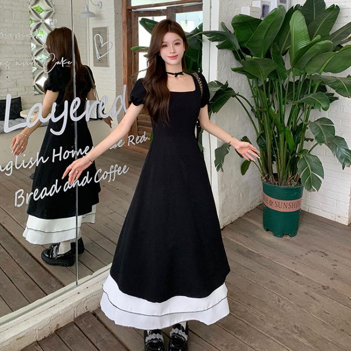 Black swan contrasting color short-sleeved skirt, small black skirt, thin A-shaped dress, Hepburn elastic elastic waist skirt