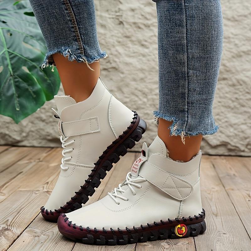 Autumn Winter Women's High Top Flat Sneakers Solid Color Lace Up Hook & Loop Ankle Boots Casual & Comfy Boots