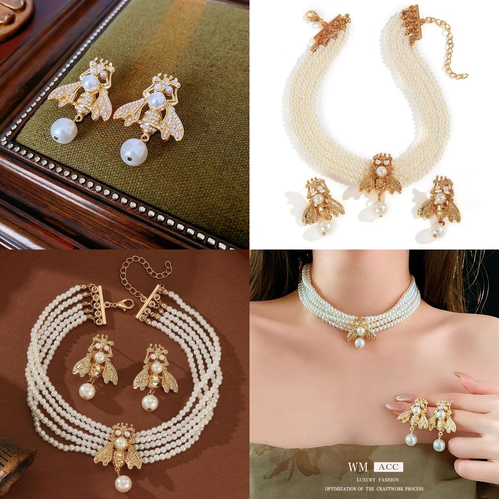 Pearl Animal Jewelry Set With Gold Small Bee Pendant And Earrings For Women