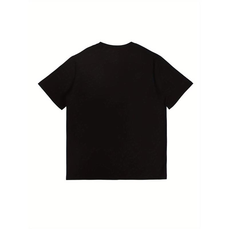European Sizes Men's  T-Shirt- Black with White Geometric Print, Breathable Stretch Fabric, Regular Fit Short Sleeve Casual Wear, Fashionable Design
