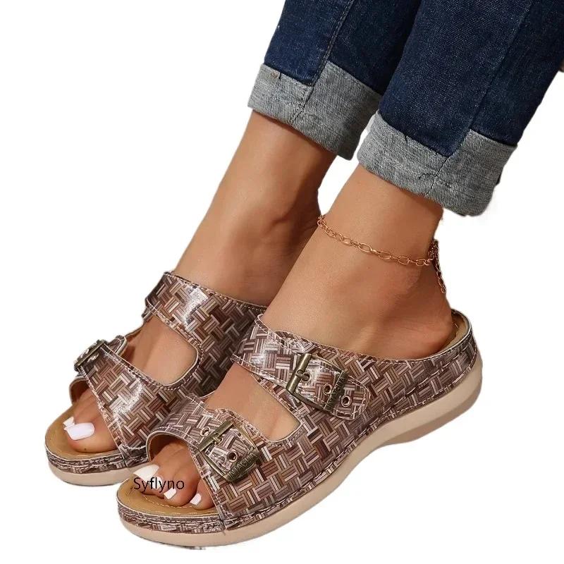 Fashion Summer Women Slipper Closed Toe Summer Shoes Comfort Double Buckle Wedge Ladies Sandals Casual Slippers Size 35-43