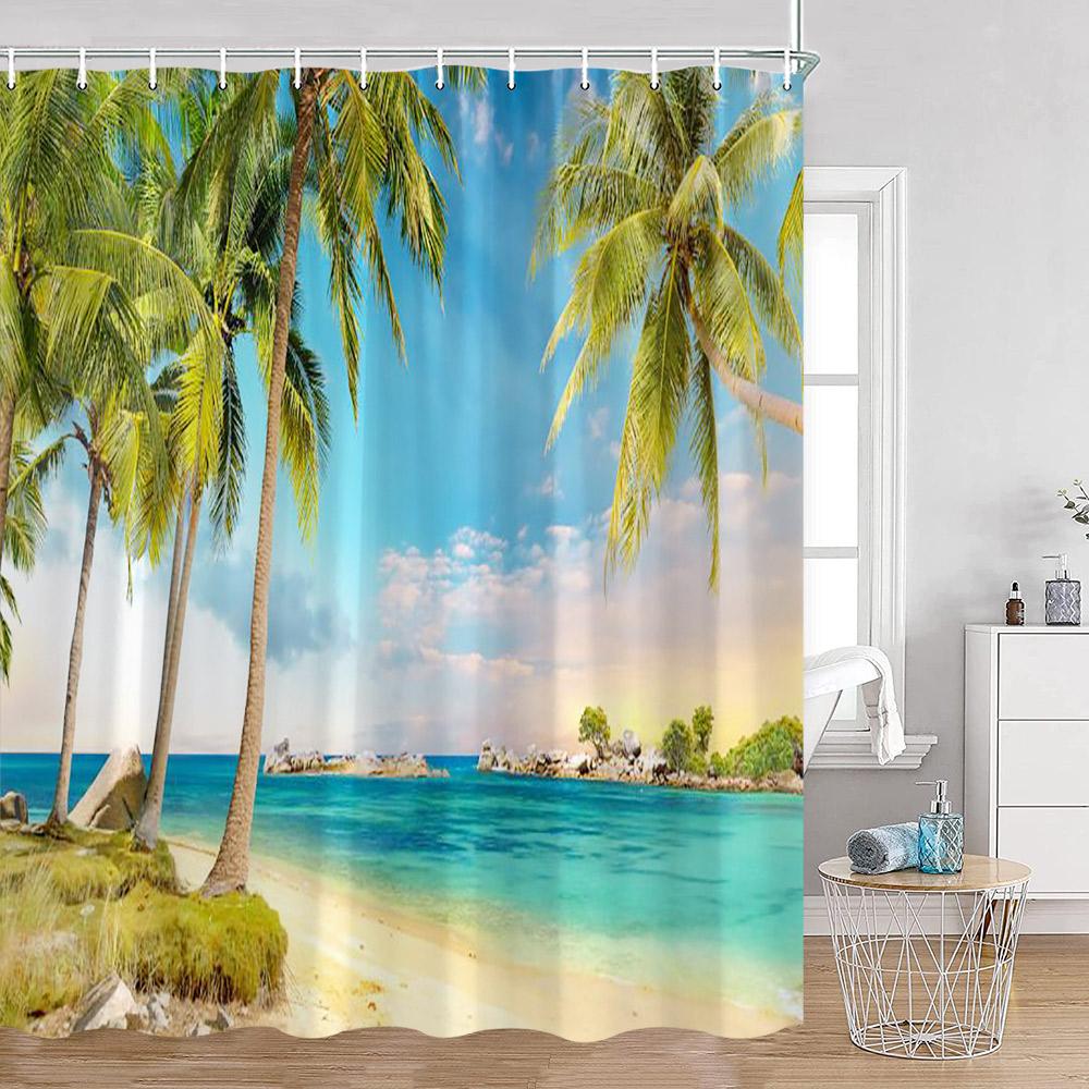 Europäische Gartendusche Vorhänge Küstenbalkon Meereslandschaft Insel Bunte Blumen Badezimmerdekor Floral Polyester Duschvorhang