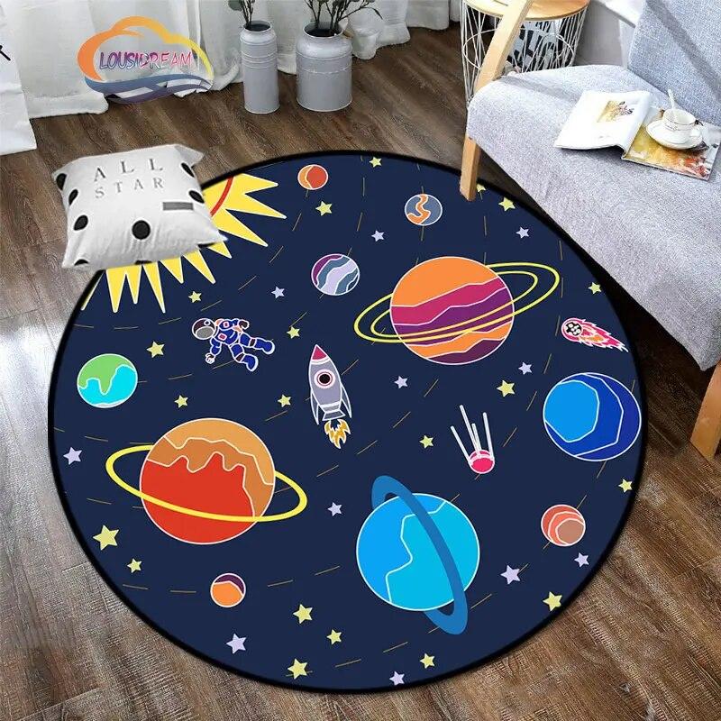 Space Universe Vector Ufo and Many Planets In Galaxy Round Bedroom Floor Mat Cosmos Solar System Pattern Decoration Carpets