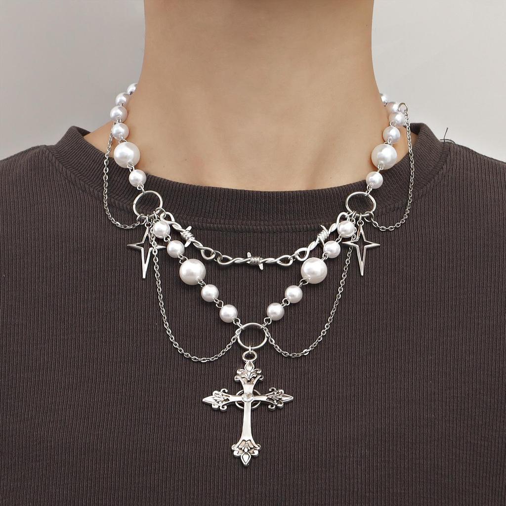 Collier Européen et Américain Double Couche à Pampilles de Perles avec Design d'Étoile pour Femmes