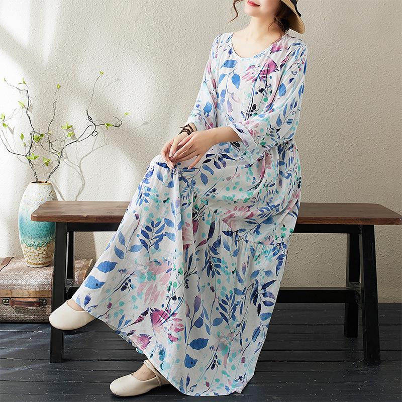 Autumn Thin Cotton Linen Fat MM Long Sleeved Loose Slimming Cake Big Swing A-line Dress for Women Dresses