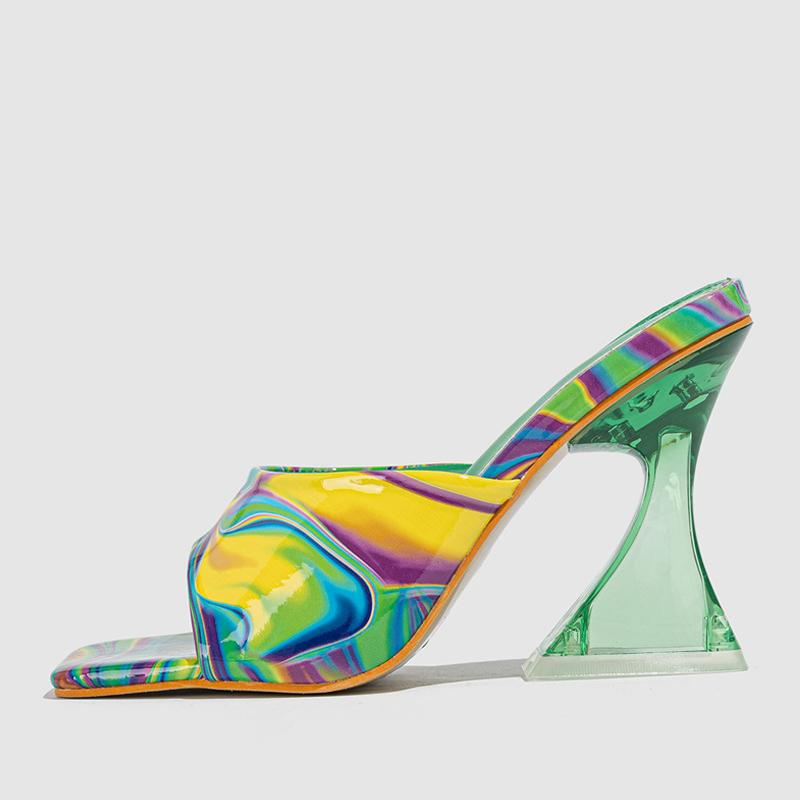 Liyke Strange Transparent Heels Modern Slippers Women Mixed Colors Leather Square Toe Summer Sandals Female Shoes Pumps Size 42