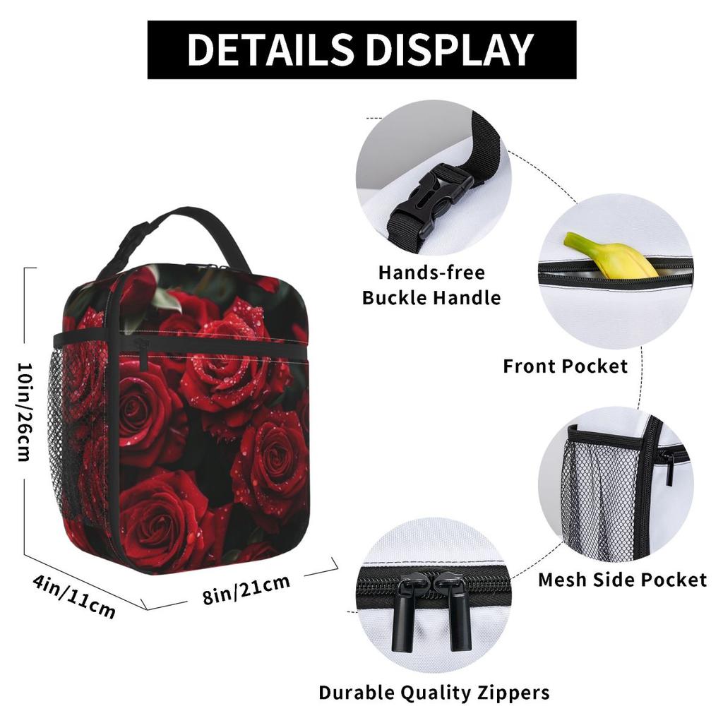 Red Rose Floral Design Insulated Lunch Bag for Women Kids Portable Food Boxes Thermal Lunch Box Tote