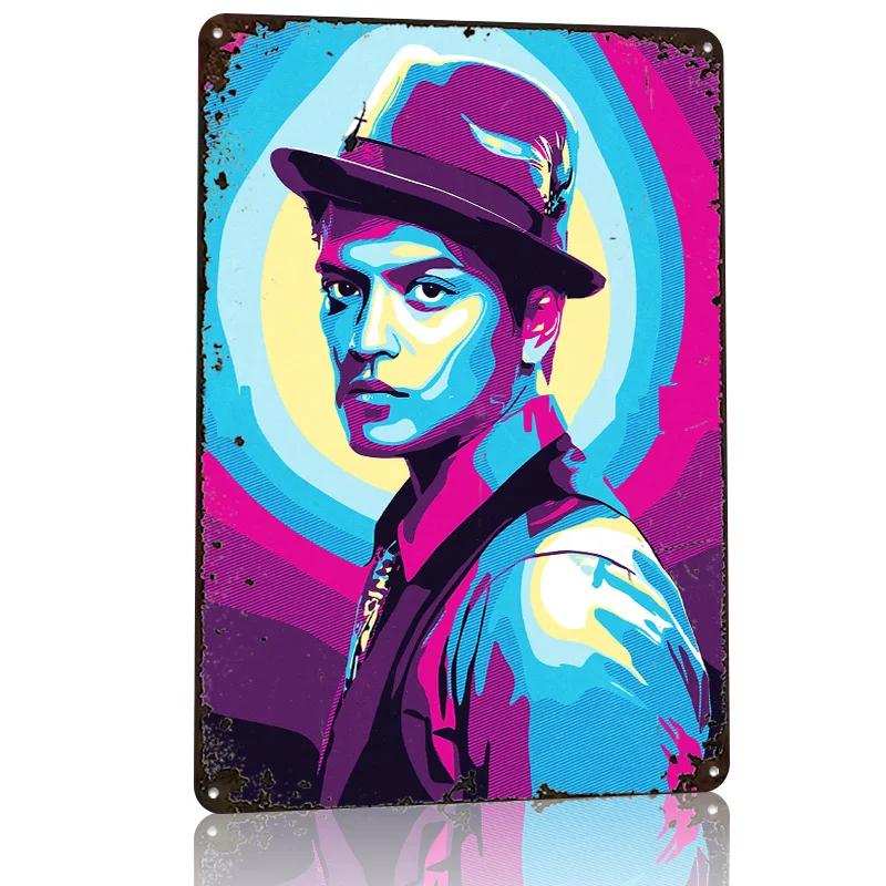 Bruno Mars Pop Art Portrait Poster Retro D Printed Metal Signs Customized Wall Hanging Gift for Gaming Room Decoration Man Home