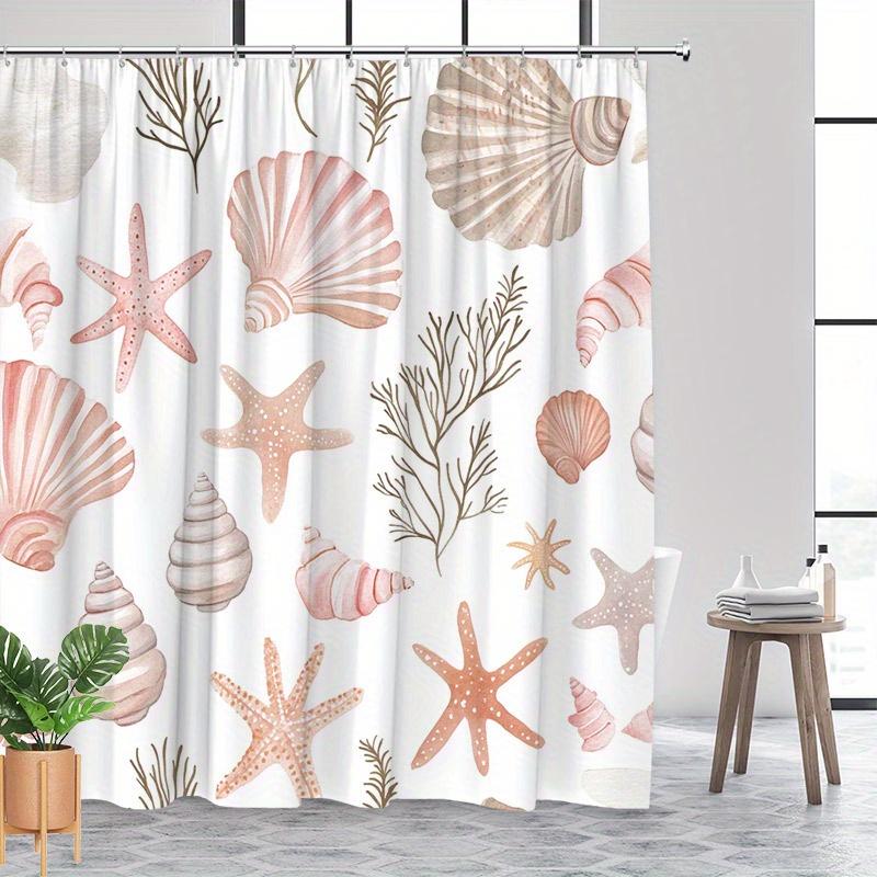 1 Shell And Sea Life Shower Curtain - Watercolor Sea Life Pattern With Starfish, Scallops, Conch And Seahorse, Machine Washable