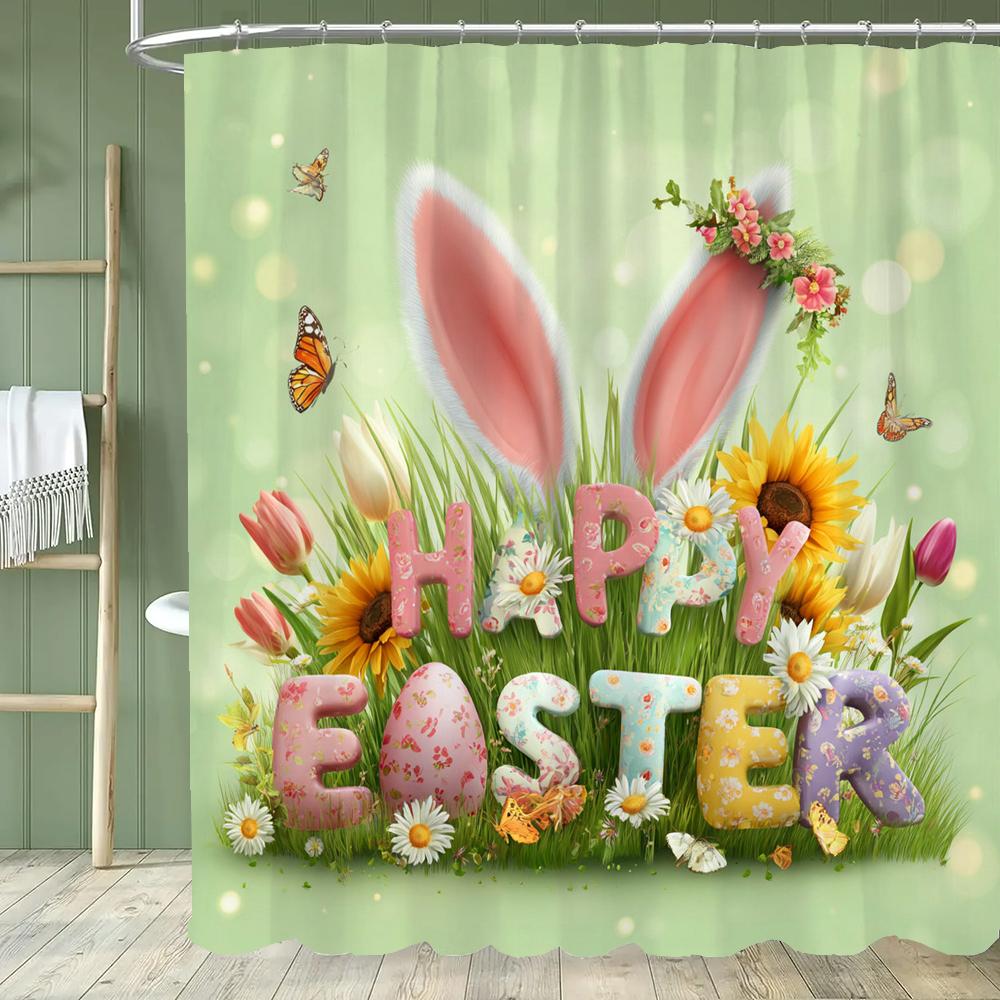 Cute Bunny Shower Curtain, Egg Happy Easter Floral Spring Bathroom Curtain, Modern Decorative Fabric Home Curtain With Hooks
