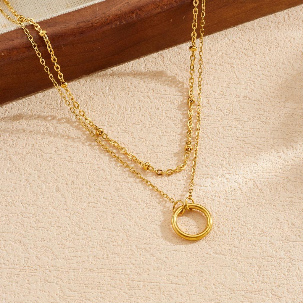 Gold Plated Layered Circle Pendant Chain Necklace