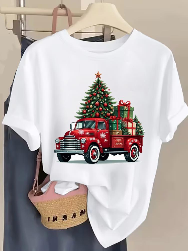 (Asian Size) Lovely Trend Cute New Year T Shirt Christmas Clothing Women Fashion Festival Tee Top Print Woman Short Sleeve Graphic T-shirts