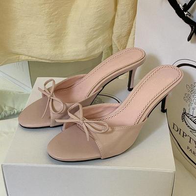 Niche Design Square Head Wearing Open-toed Bow High-heeled Slippers French Sandals Muller Half Slippers Sandals