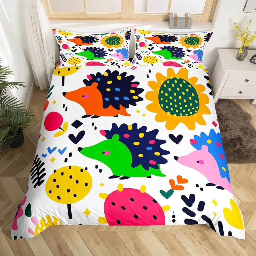 Cartoon Hedgehog Duvet Cover Queen Watercolor Tie-dye Boho Bedding Set,Wild Animals Flowers Comforter Cover Floral Quilt Cover