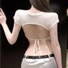 Women's Sexy Backless Lace-Up Round Neck Tee - Short Sleeve Top for Autumn & Summer