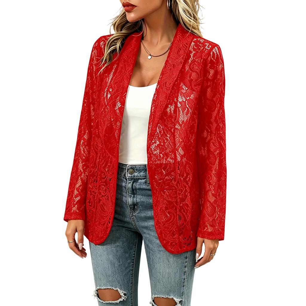 Women Lace Sleeve Open Front Blazer Casual Long Sleeve Lightweight Cardigan Jacket for Office and Daily Wear