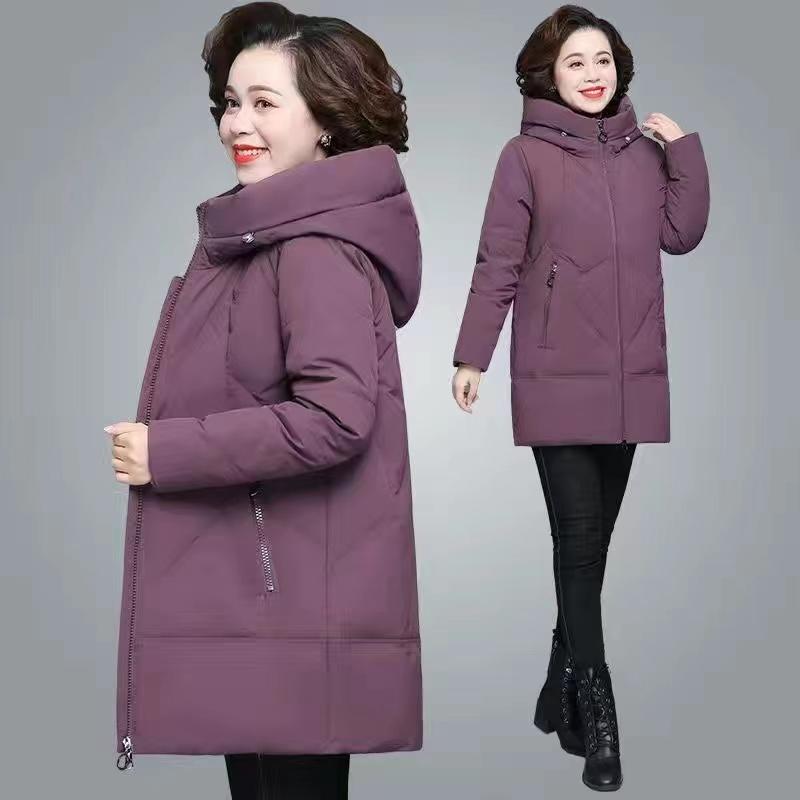 New Fashion Autumn Winter Mother Women Warm Solid Color Hooded Thicken Padded Mid-long Coat