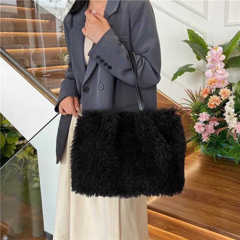 Neue große Kapazität einfarbige Fellhandtasche für Frauen trendige Mode lässig einzelne Schulter feminine Taschen