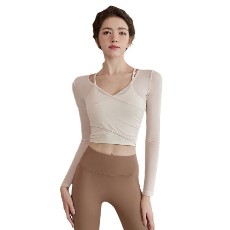 Women's Spring Yoga Suits: Chest-Pad Sports Top, Slimming Blouse, Pilates Fitness, Long Sleeve