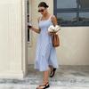 Fashionable Casual Fitted Sleeveless Halter-neck Multi-color Striped Long Dress