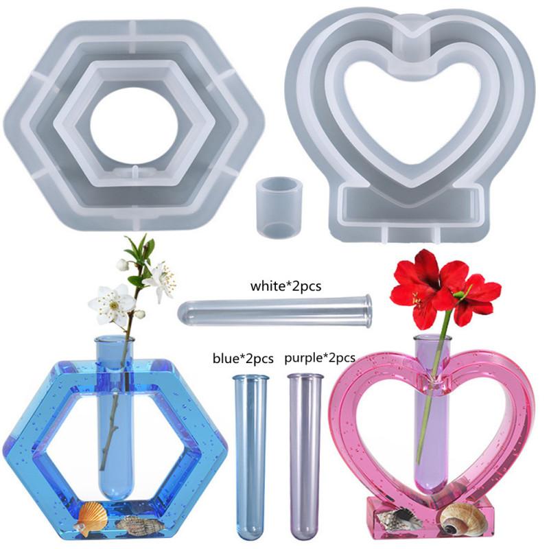 Silicone Flower Vase Mold Set Hex Love Shape Plant Propagation Station With Test Tube Flexible