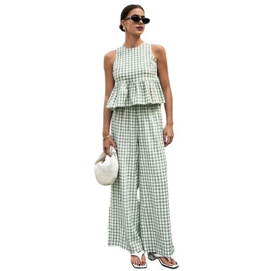 Women Tank Top Pants Two-Piece Set Summer Plaid Sleeveless Ruffle T-shirt Wide Legs Trousers Loose Casual O-Neck Shirt Elastic Waist Trousers