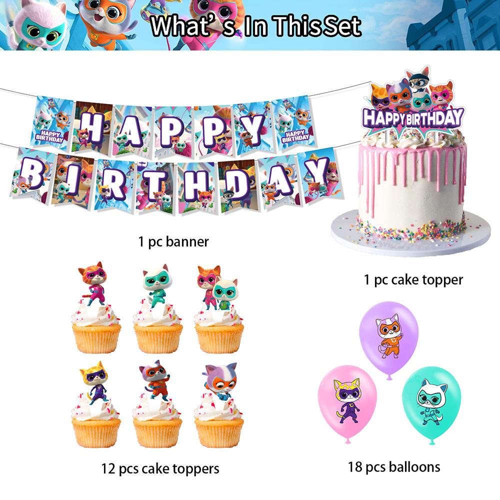 32 STUKS/set Super Kitties Feestartikelen Inclusief Cupcake Toppers Banner Ballonnen