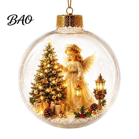 Transparent Holiday Tree Pendants Glowing Christmas Story Ornament, Mini Scene In Ball with Warm LED 3D Acrylic Hanging Baubles Light, Clear