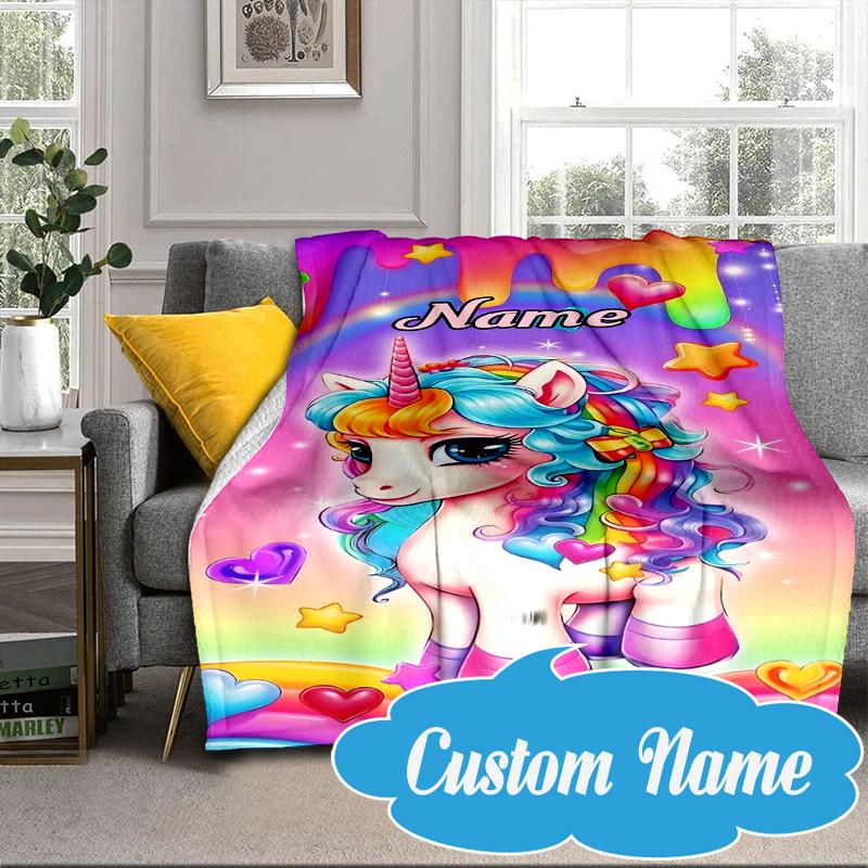 Custom Name Rainbow Unicorn Dream Blanket Bed Sofa Blanket Flannel Blanket for Camping, Hiking, Picnic Essentials,gift for Fan Family