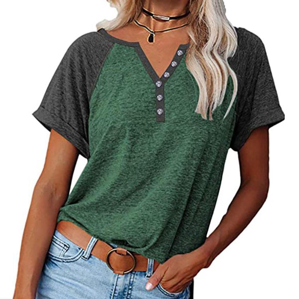 Loose Women's Short Sleeve V-Neck Color Block Casual T-shirt Button Decor Top