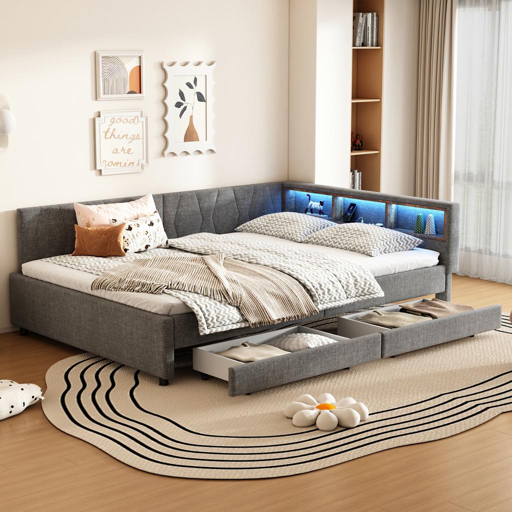 Daybed, 140x200cm, Storage Compartment on Bed, USB+Type C, With LED Light Strip, Bed with Two Drawers, Slatted Frame (without Mattress), Linen, Grey