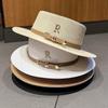 Women's Rhinestone Letter R Belt Personalized Straw Hat for Summer Vacation by the Seaside. British Retro Flat Top Sun Hat.
