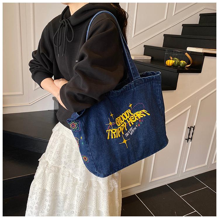Nuova Borsa Tote in Denim Stile Giapponese per Donna Grande Capacità Borsa a Spalla per Scuola e Lavoro Borsa in Denim Casual