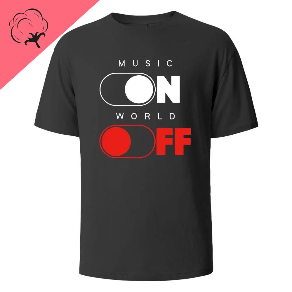 Music on World Off Graphic Printed Cotton Tshirt Breathable and Comfortable Summer Daily Round Neck Mens Wear